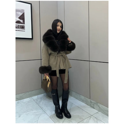 Solid Color Big Fur Collar Tied Woolen Jacket Fashion Waist Cinching Long Sleeved Short Coat 2026 Autumn Street Daily Clothing