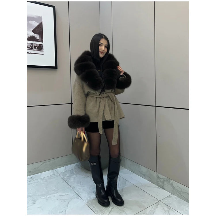 Solid Color Big Fur Collar Tied Woolen Jacket Fashion Waist Cinching Long Sleeved Short Coat 2026 Autumn Street Daily Clothing