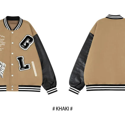 Men's Casual Varsity Jacket Racing Letterman Baseball Coat Vintage Embroidery Outerwear Streetswear with Faux Leather Sleeves