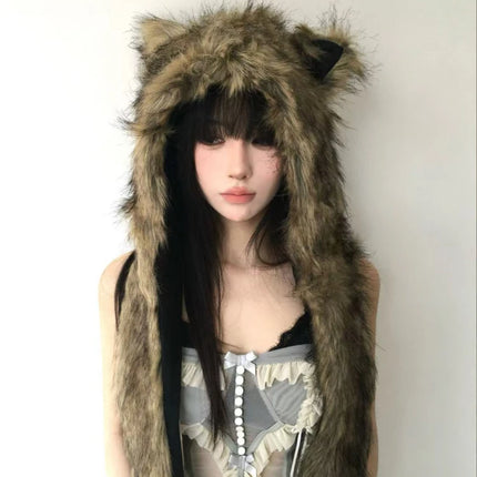 Japanese Kawaii Cute Fur Scarf Hat Winter Keep Warm Y2k Aesthetic Fashion Vintage Cap Bears Ears Women Hats Grunge Streetwear