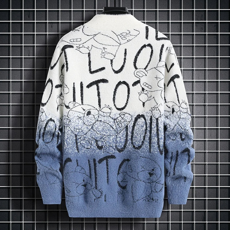 Harajuku Sweater Men's Y2K Knitted Letter Printing Sweater Men's Wool Pullover Men's Retro Knitted Color Block Tops