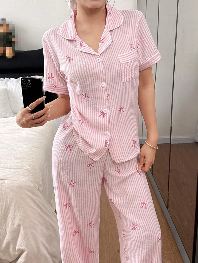 Set Pigiama da Donna con Stampa a Righe e Fiocco, Completo Estivo con Maglietta a Maniche Corte e Pantaloni, Comodo Abbigliamento da Notte e Loungewear