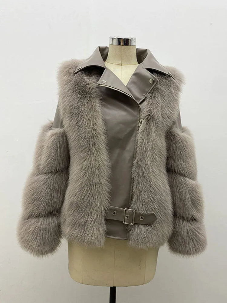 ZADORIN Top Fashion Luxury FAUX Fox Fur Coat Motorcycle PU Leather Turn Down Collar Warm Faux Fur Jacket Women Autumn Winter New