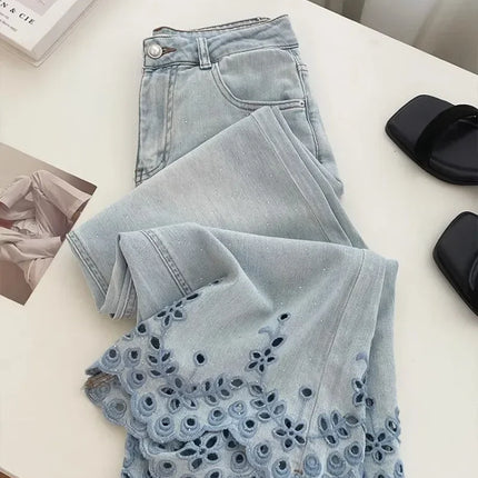Jeans eleganti di lusso con strass ricamati vuoti allentati Jeans estivi da donna a vita alta pantaloni in denim dritti Y2K Casual Streetwear
