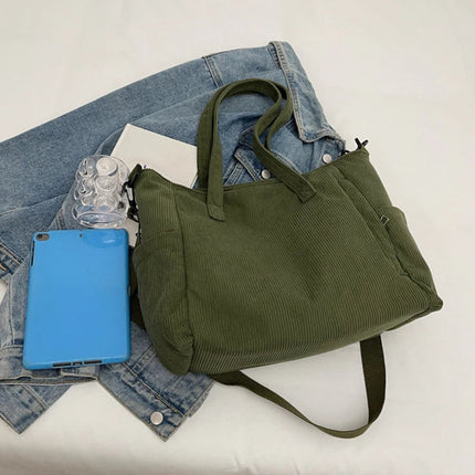 Women Corduroy Tote Bag Casual Multi Pocket Handbag Adjustable Strap Crossbody Sling Bag Zipper Shoulder Bag Fall Winter Bag PlatiNum