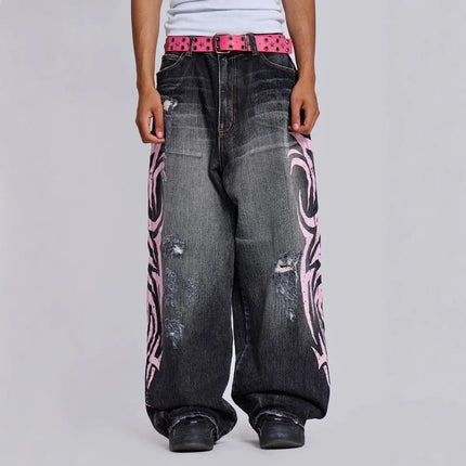 Women's Denim Jeans Wide Leg Long Pants High Waist Straight Hole Pants Y2k Streetwear Print Mom Jeans Casual Loose 2025