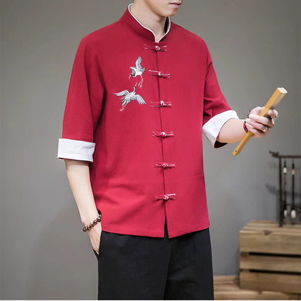 Camicie con ricamo gru Abbigliamento tradizionale cinese vintage Mezza manica da uomo in lino Solido colletto Madarin Cardigan Hanfu Kungfu
