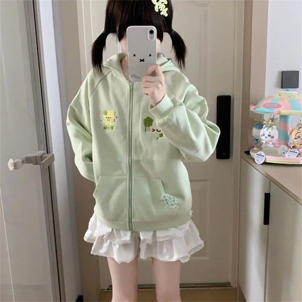 Women Clothing Anime Zip-up Hoodie Jackets Cat Embroidery Cute Outerwear Hooded Casual Fashion Sweatshirts Japanese Cute Tops