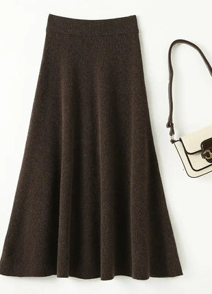 Chic New Women 100% Merino Wool Knitted A Line Skirt Solid Color Autumn Winter High Waist Preppy Style Soft Wool Midi Skirt PlatiNum