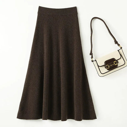 Chic New Women 100% Merino Wool Knitted A Line Skirt Solid Color Autumn Winter High Waist Preppy Style Soft Wool Midi Skirt PlatiNum
