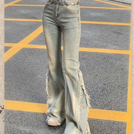 Jeans blu vintage da donna a vita alta americani retrò anni '90 materia prima design bordo Y2k pantaloni in denim streetwear jeans a gamba larga