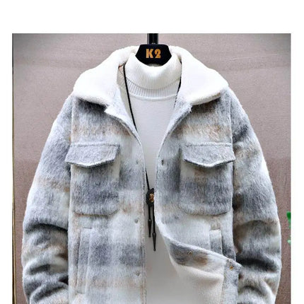 Retro Men's Woolen Coat Winter Add Velvet Keep Warm Jackets Classic Plaid Print Loose Casual Trench Blends Jacket Men Clothing