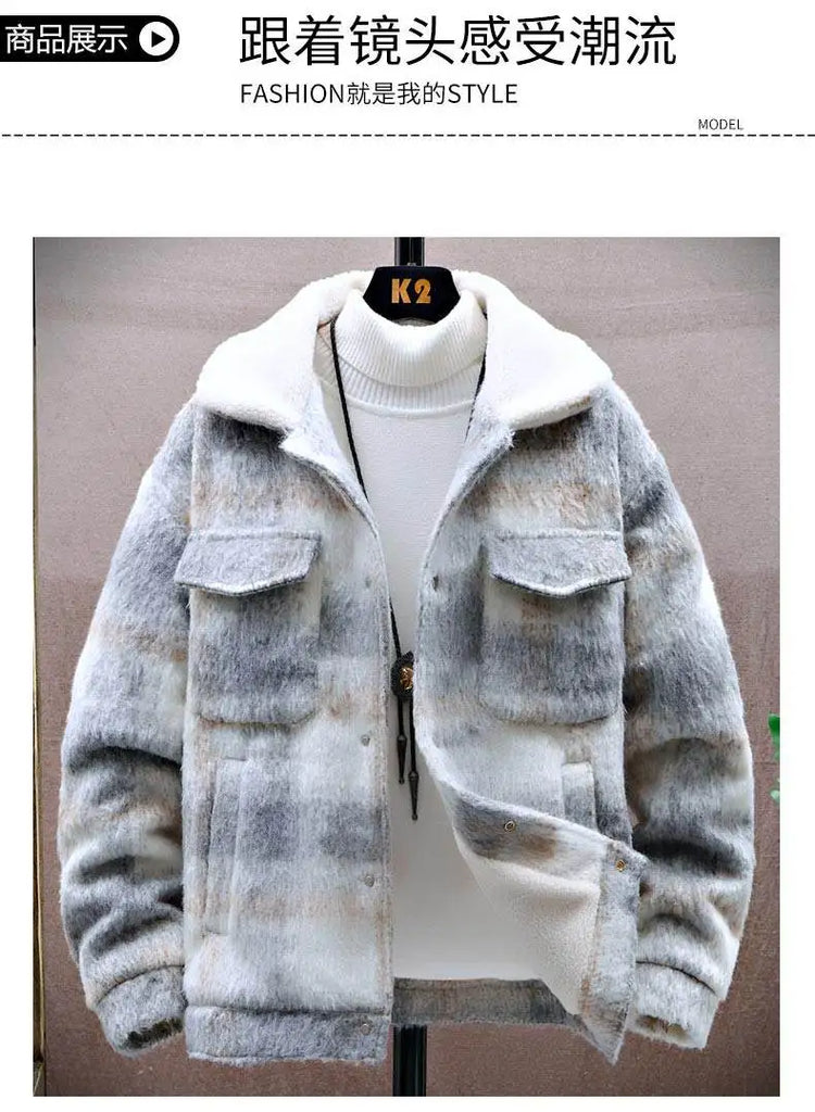 Retro Men's Woolen Coat Winter Add Velvet Keep Warm Jackets Classic Plaid Print Loose Casual Trench Blends Jacket Men Clothing