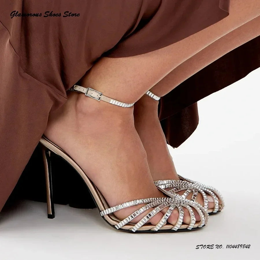 Bling Crystal Caged-toe Satin Sandals Women's Round Toe Thin High Heels Party Shoes Summer Fashion Buckle Strap Daily Stilettos