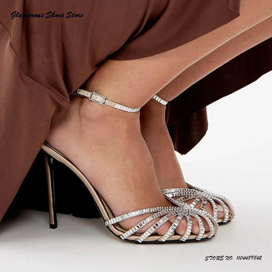 Bling Crystal Caged-toe Satin Sandals Women's Round Toe Thin High Heels Party Shoes Summer Fashion Buckle Strap Daily Stilettos