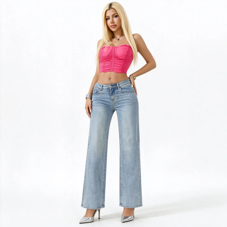 Women's Low Waist Wide Leg Jeans, Light Wash Stretch Denim, Casual Shaping Wide Leg Pants for All Occasions,Yw-2025
