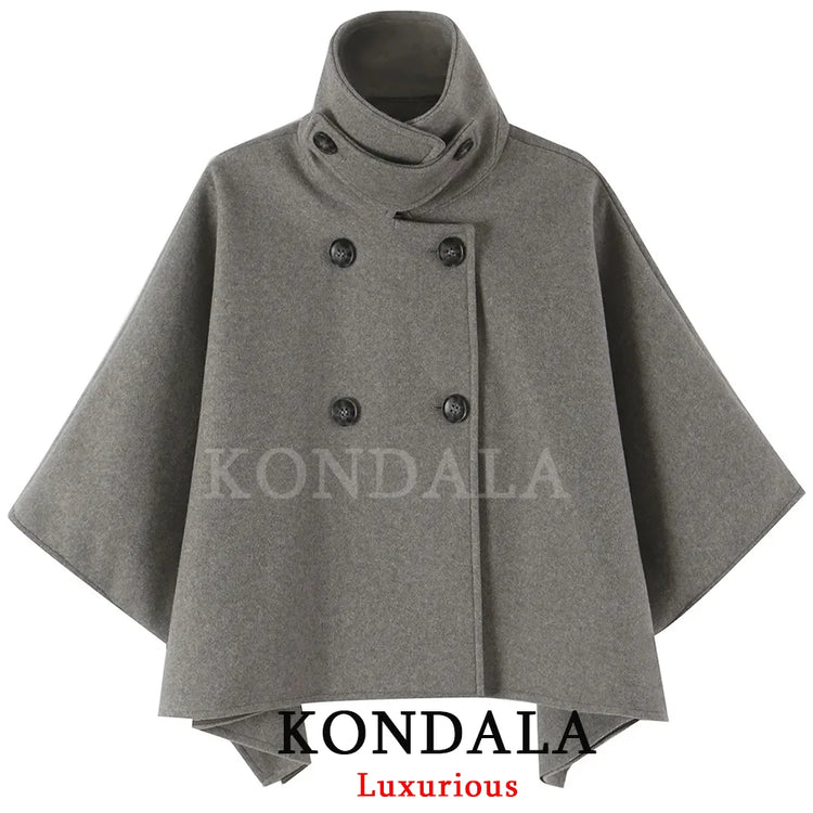 KONDALA High Street Holiday Chic Women Cloak Coat Turtleneck Double Breasted Loose Coat Fashion 2026 Fall Winter Night Out Coat