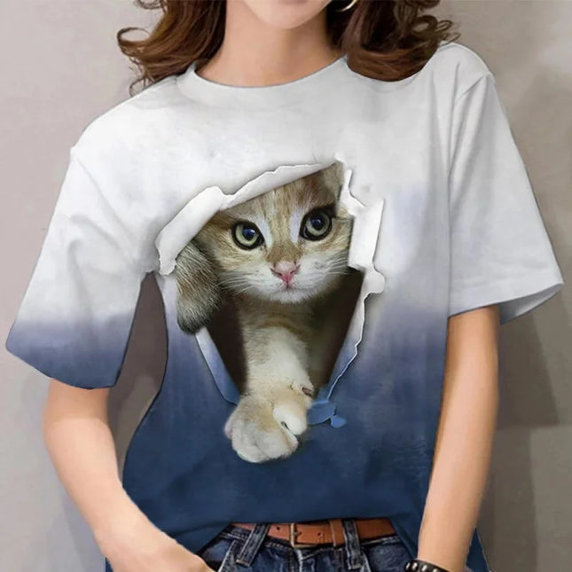 Cute Cat Pattern T Shirt for Women Pet Animal 3D Printed Short Sleeve Tees Summer Casual Loose T-shirt Streetwear O-Neck Tops