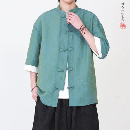 Camicia da Uomo di Lusso con Sfumature Colorate, Jacquard a Maniche Corte, Stile Cinese Tradizionale, Fresca per l'Estate, in Seta Ghiaccio