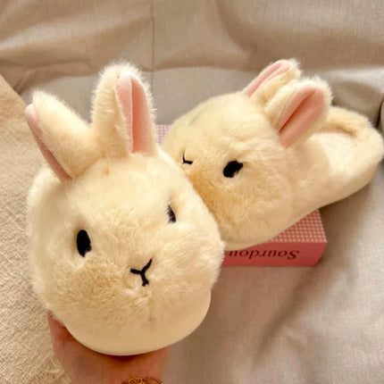 New Cute 3D Rabbit Furry Slippers Women Winter Warm Plush Closed Back House Shoes Non Slip Bunny Indoor Flip Flops Home Slipper