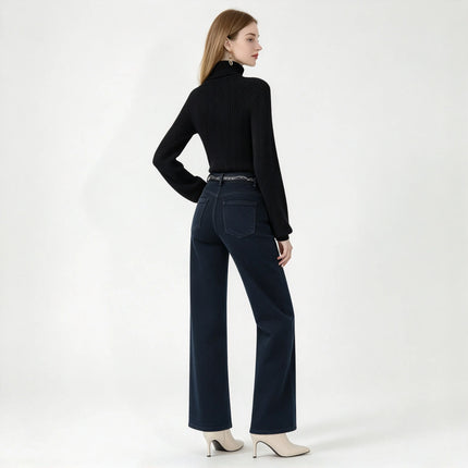 Women’s high-waisted, wide-leg jeans in dark blue raw denim; elegant, casual-style wide-leg trousers with a relaxed fit, perfect for the casual office and versatile everyday looks FX-1338-7