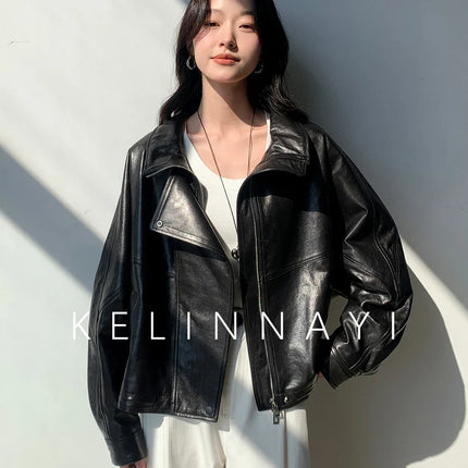 Waxed Sheepskin Genuine Leather Moto Biker Jacket Women Cropped Stand Collar Zip Up Snap Button Loose Casual Autumn Outwear 2026