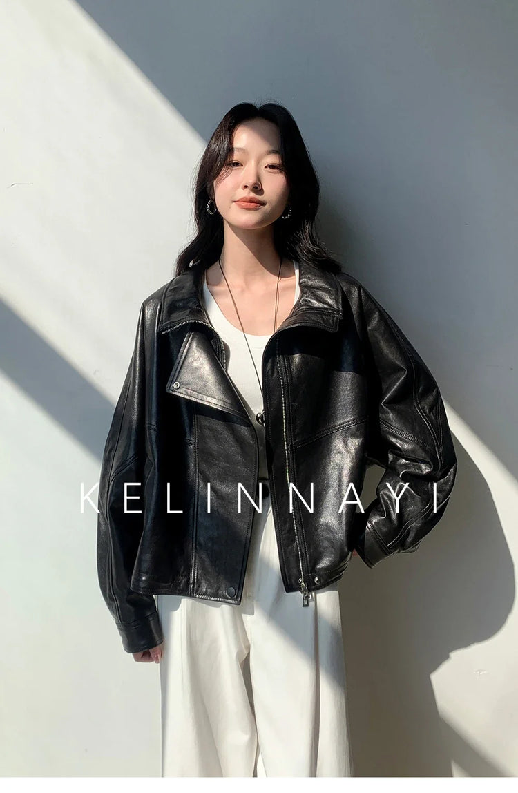 Waxed Sheepskin Genuine Leather Moto Biker Jacket Women Cropped Stand Collar Zip Up Snap Button Loose Casual Autumn Outwear 2026