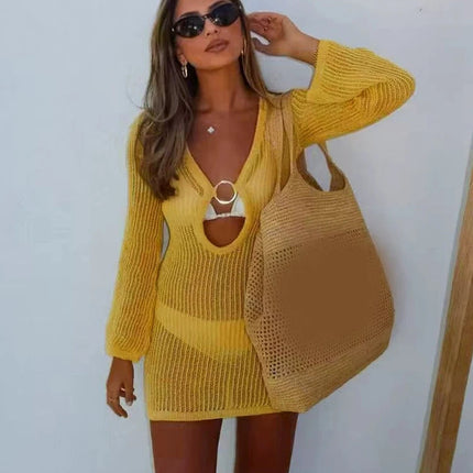 Elegante Abito in Maglia a Maniche Lunghe con Scollo a V, Mini Abito con Texture Circolare Traforata, Vestito Casual Aderente per Feste platinumshop