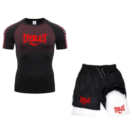 EVERLAST Men's Compress Shirt + 2-in-1 sports shorts 2pcs Set Leisure Breath Short Sleeve Sport Jogging Gym Brand Print Clothing platinumshop