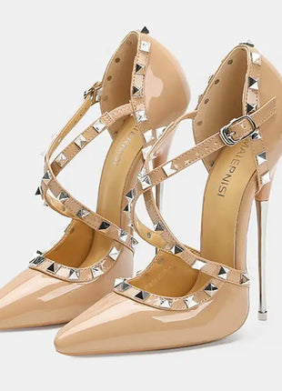Sandali con tacco alto da donna con cinturino incrociato con rivetti Scarpe singole sexy con punta a punta per discoteca Modello di ospite di festa Passerella Cross Dressing platinumshop