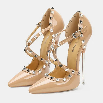 Sandali con tacco alto da donna con cinturino incrociato con rivetti Scarpe singole sexy con punta a punta per discoteca Modello di ospite di festa Passerella Cross Dressing platinumshop