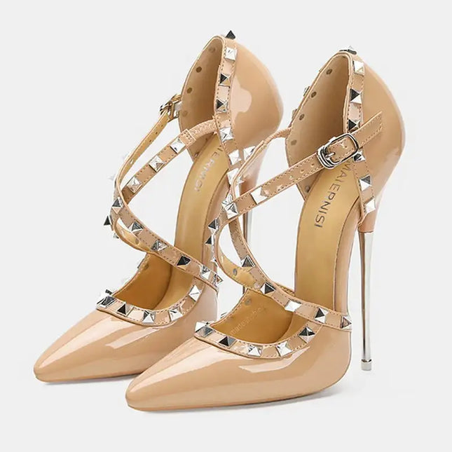 Sandali con tacco alto da donna con cinturino incrociato con rivetti Scarpe singole sexy con punta a punta per discoteca Modello di ospite di festa Passerella Cross Dressing platinumshop