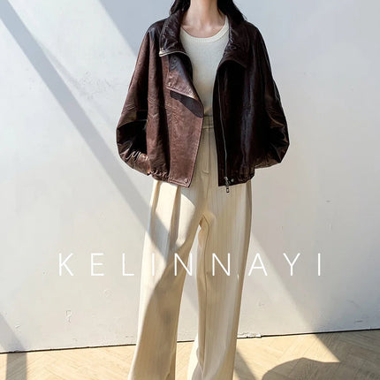 Waxed Sheepskin Genuine Leather Moto Biker Jacket Women Cropped Stand Collar Zip Up Snap Button Loose Casual Autumn Outwear 2026