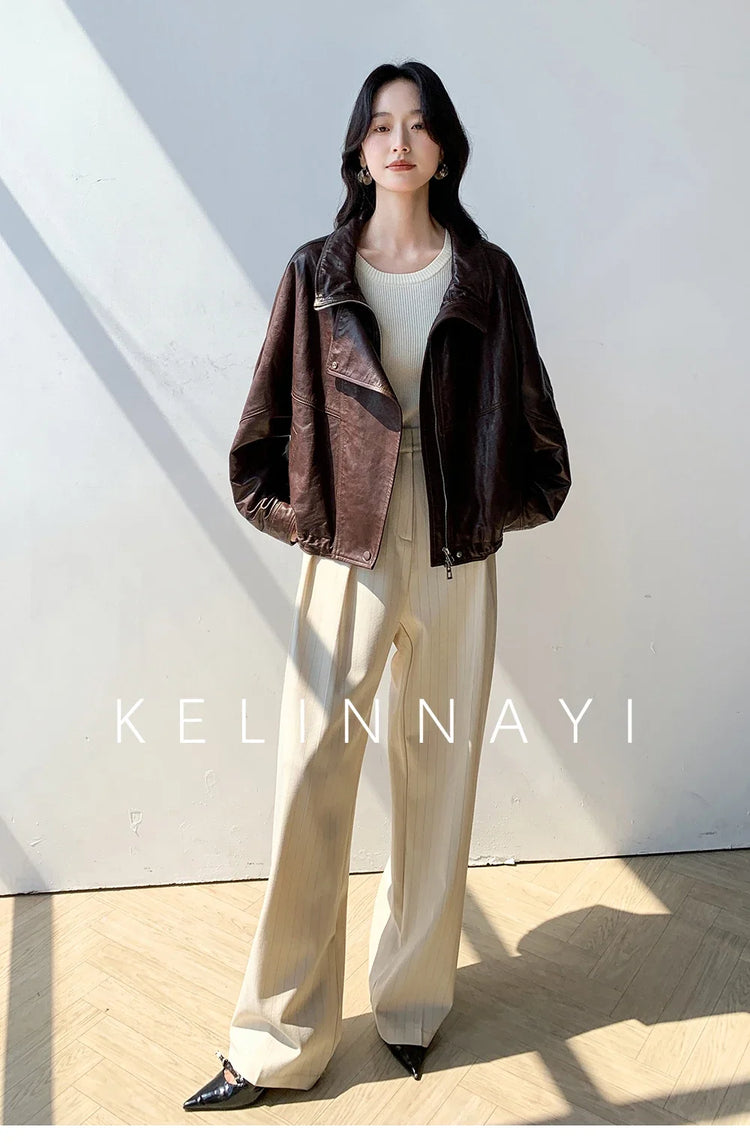 Waxed Sheepskin Genuine Leather Moto Biker Jacket Women Cropped Stand Collar Zip Up Snap Button Loose Casual Autumn Outwear 2026