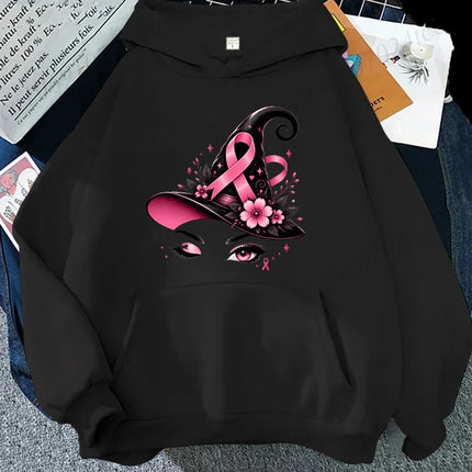 Breast Cancer Awareness Pink October Hoodies Pink Ribbon Witch Hat Halloween Design Graphic Sweatshirts Autumn Winter Hoody Gift