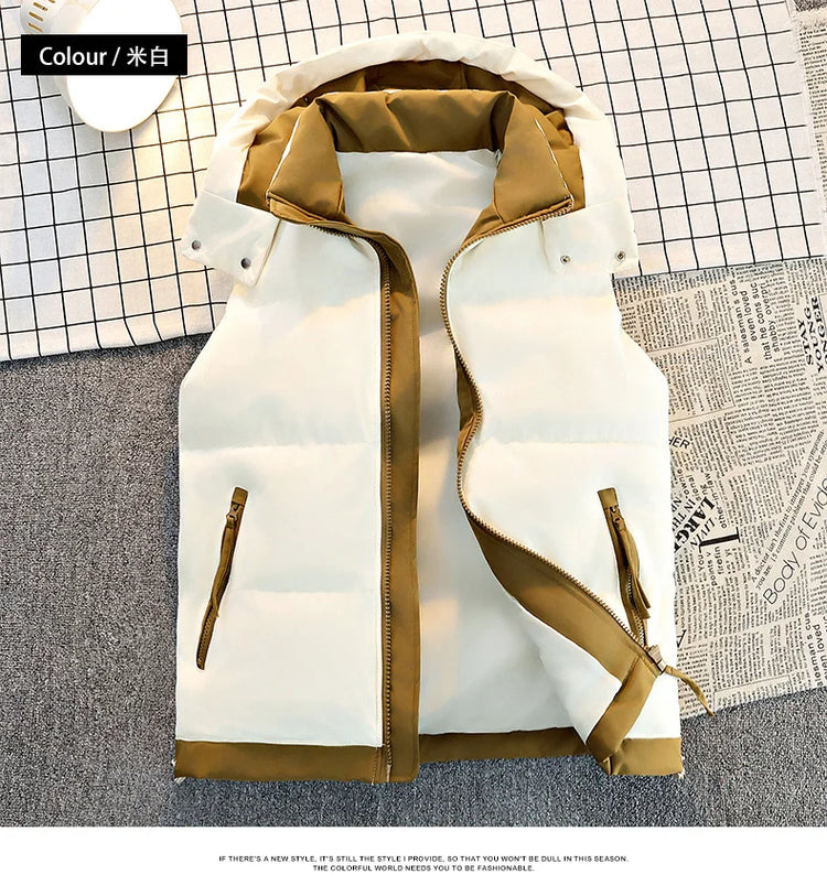 New Hooded Casual Men Waistcoat Comfortable Warm Zipper Male Sleeveless Jackets Solid Color Windproof Clothing for Men Spring