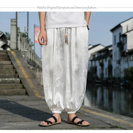 Vendite calde Pantaloni Da Uomo 2024 Nuovo Drago di Seta del Ghiaccio Fiore Scuro Bloomers Moda Allentata Gamba Larga Casual di Alta Qualità Pantaloni Maschili di Marca