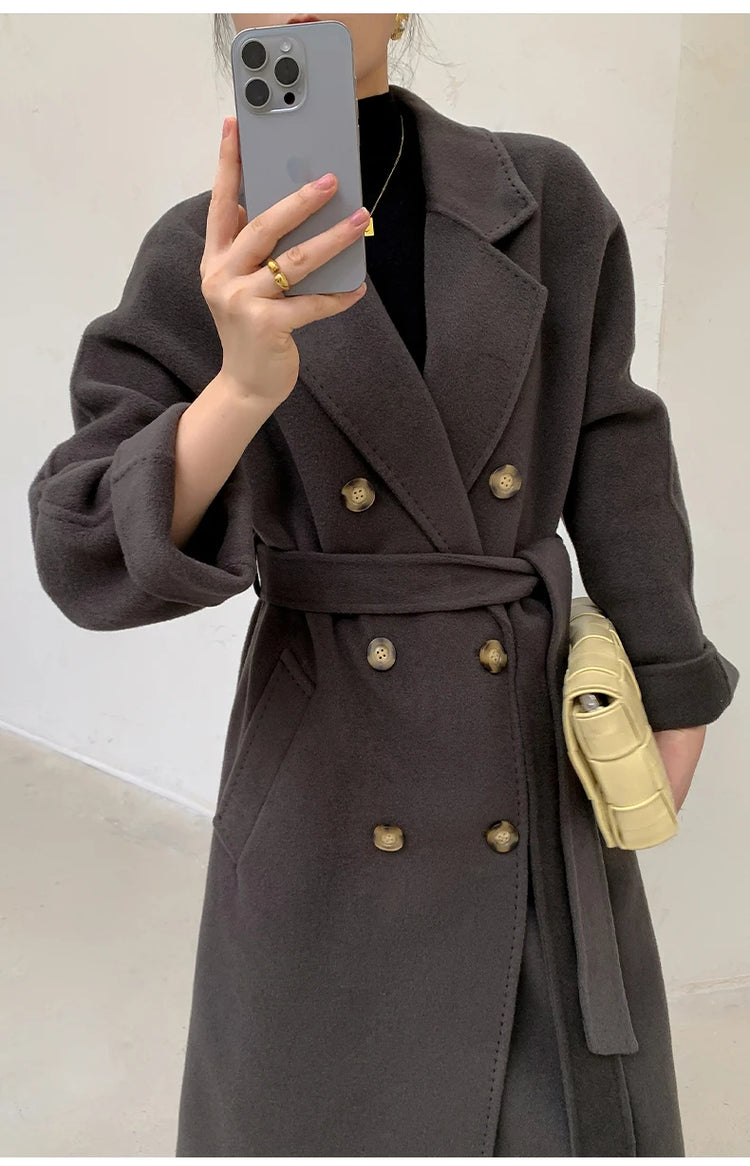 Ladies' 100% Cashmere Thick Double-Sided Extended Coat, Classic, Versatile and Fashionable for Business and Leisure