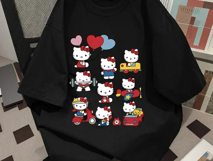 T-shirt en coton Hello Kitty Kawaii Sanrioed Anime Fashion Top pour femme T-shirt d'été décontracté de rue personnalisé pour fille douce