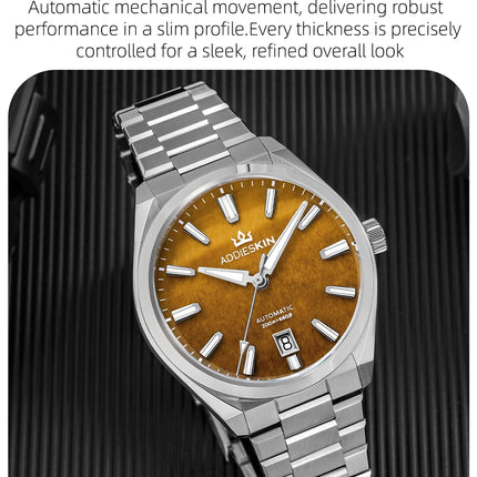 AddiesKin K010 Automatic Watch for Men Natural Tiger Eye Dial Miyota 9015 Movement Sapphire Crystal 200 Waterproof Luminous Gift