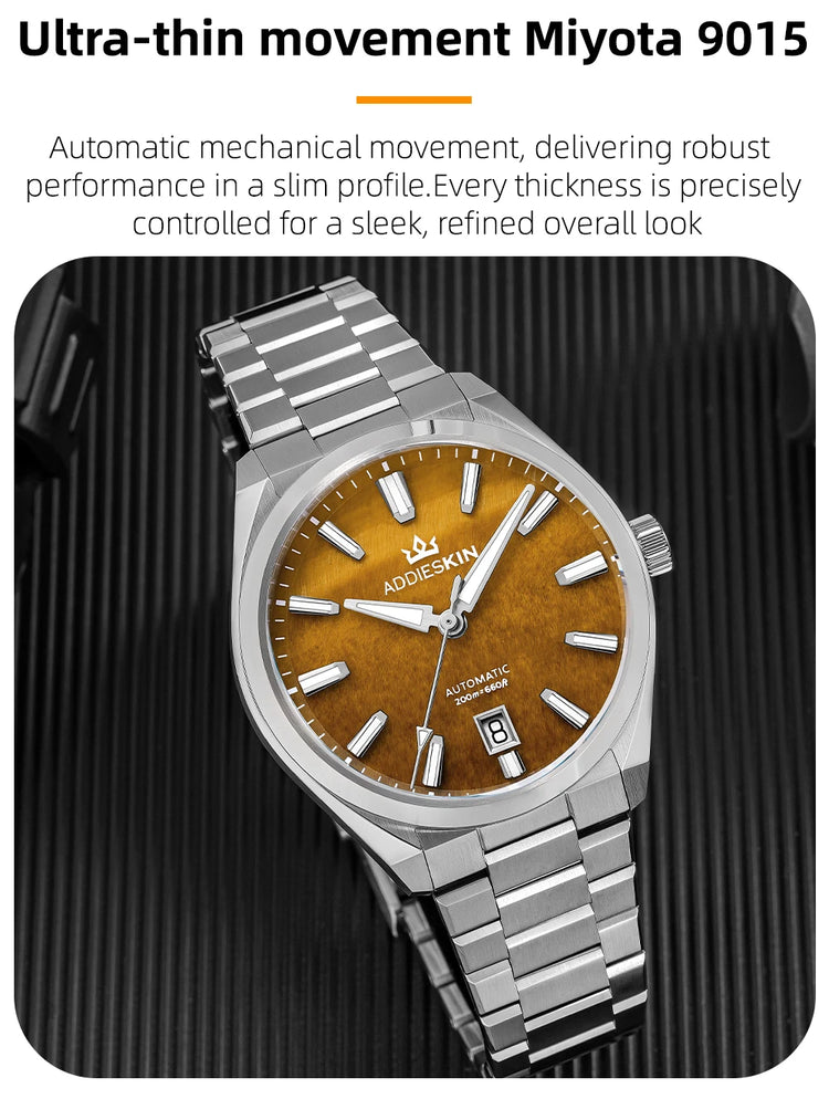 AddiesKin K010 Automatic Watch for Men Natural Tiger Eye Dial Miyota 9015 Movement Sapphire Crystal 200 Waterproof Luminous Gift