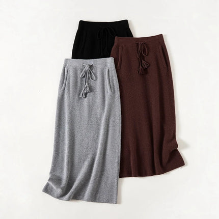 Women's 100% Cashmere Elastic Waist Mid-Length Midi Skirt Autumn Winter Casual Versatile Knitwear Bottoms Casual Fashion Skirt PlatiNum