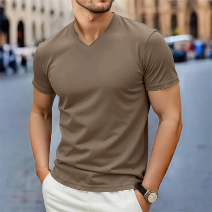 2025 New Men's Casual Fashion Simple V-neck Short Sleeved T-shirt Summer Comfortable Breathable Versatile Top PlatiNum