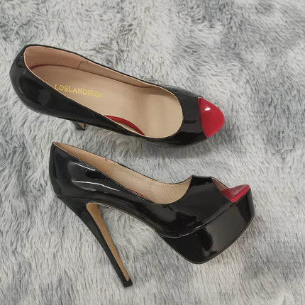 LOSLANDIFEN Women Pumps Sexy Peep Toe Platform 14cm Super High Heels Patent Leather Shoes Red Wedding Stilettos Large Size 44 PlatiNum