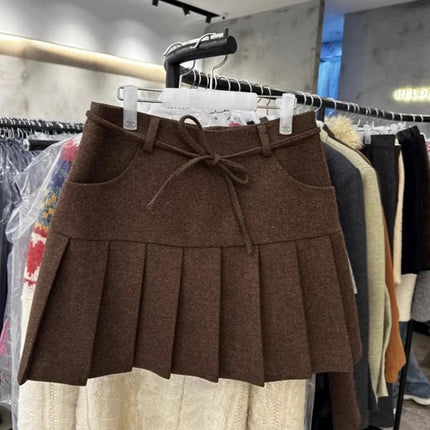 MEXZT Streetwear Woolen Mini Skirt Women Harajuku Bow Lace Up Black Pleated Skirts Autumn Winter Fashion Korean Preppy Faldas PlatiNum