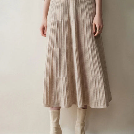 Autumn Winter Women Tiered Skirt Cashmere A-line Pleated Skirt Elastic Waist 100% Cashmere Knitted High Quality Soft Solid Dress PlatiNum