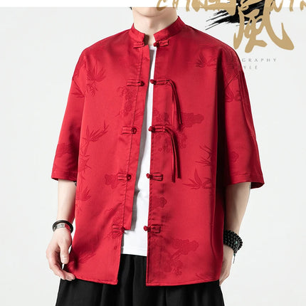 Camicia cinese da uomo con foglie di bambù floreali scuri Seta di ghiaccio Estate Confortevole e traspirante Stile retrò Camicie larghe alla moda da uomo Top