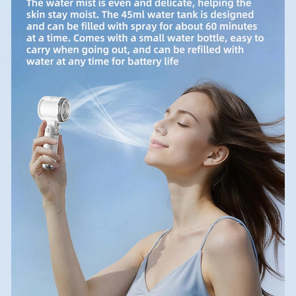 Mini Ventilatore Portatile con Nebulizzatore d'Acqua, 3600mAh, 5 Velocità, Pieghevole, da Appendere al Collo, Umidificatore, Ventilatore Spray Compatto, Ricaricabile USB-C