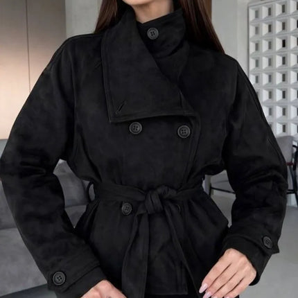 Elegant Suede Women Jacket Turn Down Collar Double Breasted Belt Waist Slim Jackets 2026 Autumn Winter Female Fashion Tops