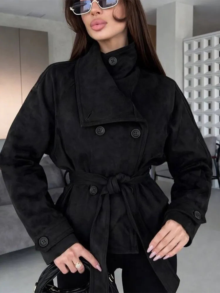 Elegant Suede Women Jacket Turn Down Collar Double Breasted Belt Waist Slim Jackets 2026 Autumn Winter Female Fashion Tops